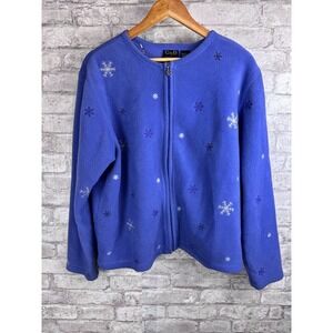 Croft & Barrow Sweater Large Blue Full Zip Fleece Cardigan Embroidered Snowflake